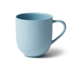 Handmade porcelain mug with flared shape, glazed handle, and smooth stone-like exterior, perfect for tea or coffee.