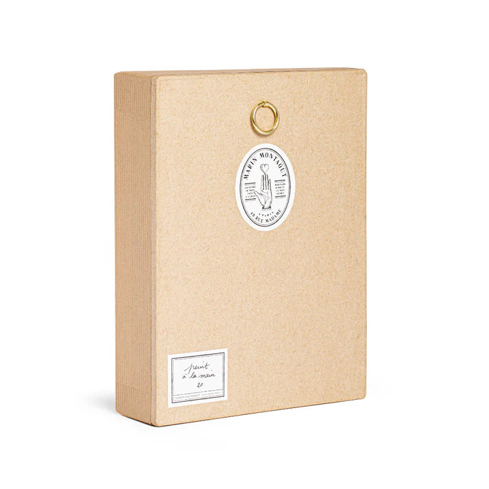 "Hand-painted House of Happiness Shadow Box by Marin Montagut, featuring a whimsical house design inside a glass-enclosed papier-mâché display, handcrafted in Paris. Dimensions: 8.86x6.5x1.77 inches."