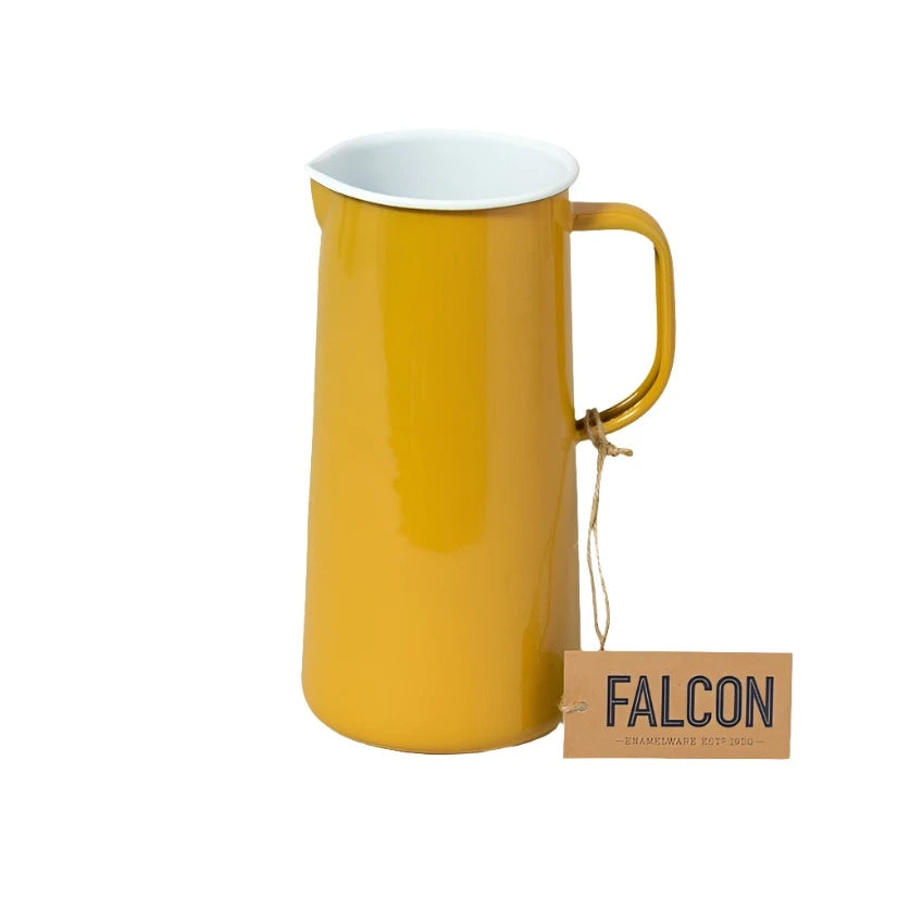 Falcon Enamel 3 Pint Jug with classic design and durable construction, perfect for serving large quantities of drinks. Mustard Yellow