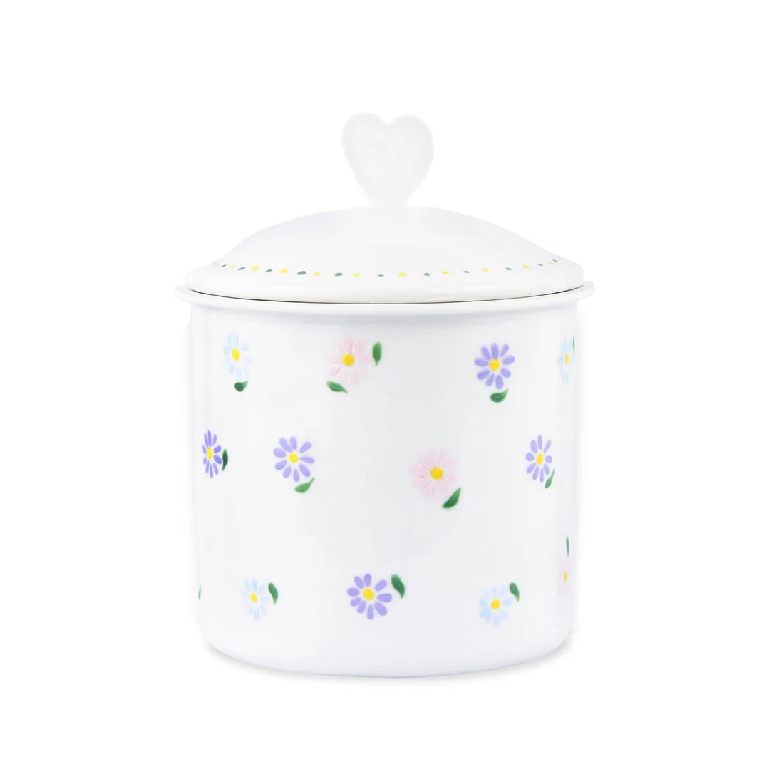 "Hand painted porcelain candy jar with a daisy design, handmade in Paris, perfect for storing treats or as a decorative accent."
