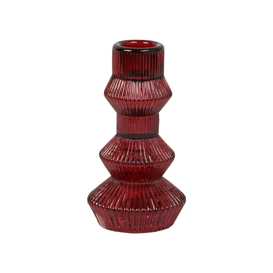 Elegant burgundy red glass candlestick holder with a unique three-tier design, standing 5 inches tall, perfect for straight or spiral candles and adding a sophisticated touch to any space or holiday décor.