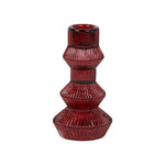 Elegant burgundy red glass candlestick holder with a unique three-tier design, standing 5 inches tall, perfect for straight or spiral candles and adding a sophisticated touch to any space or holiday décor.