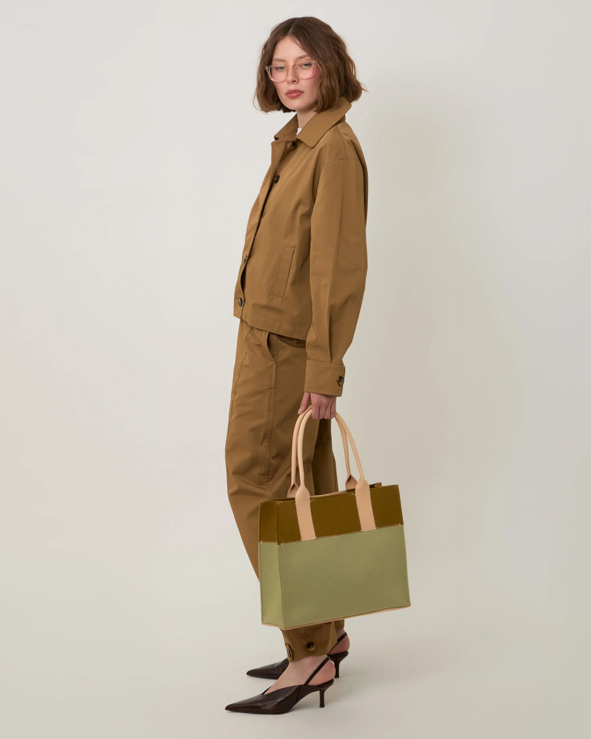 Jaunt Merino Wool Tote Midi - Dew/Brine Vachetta