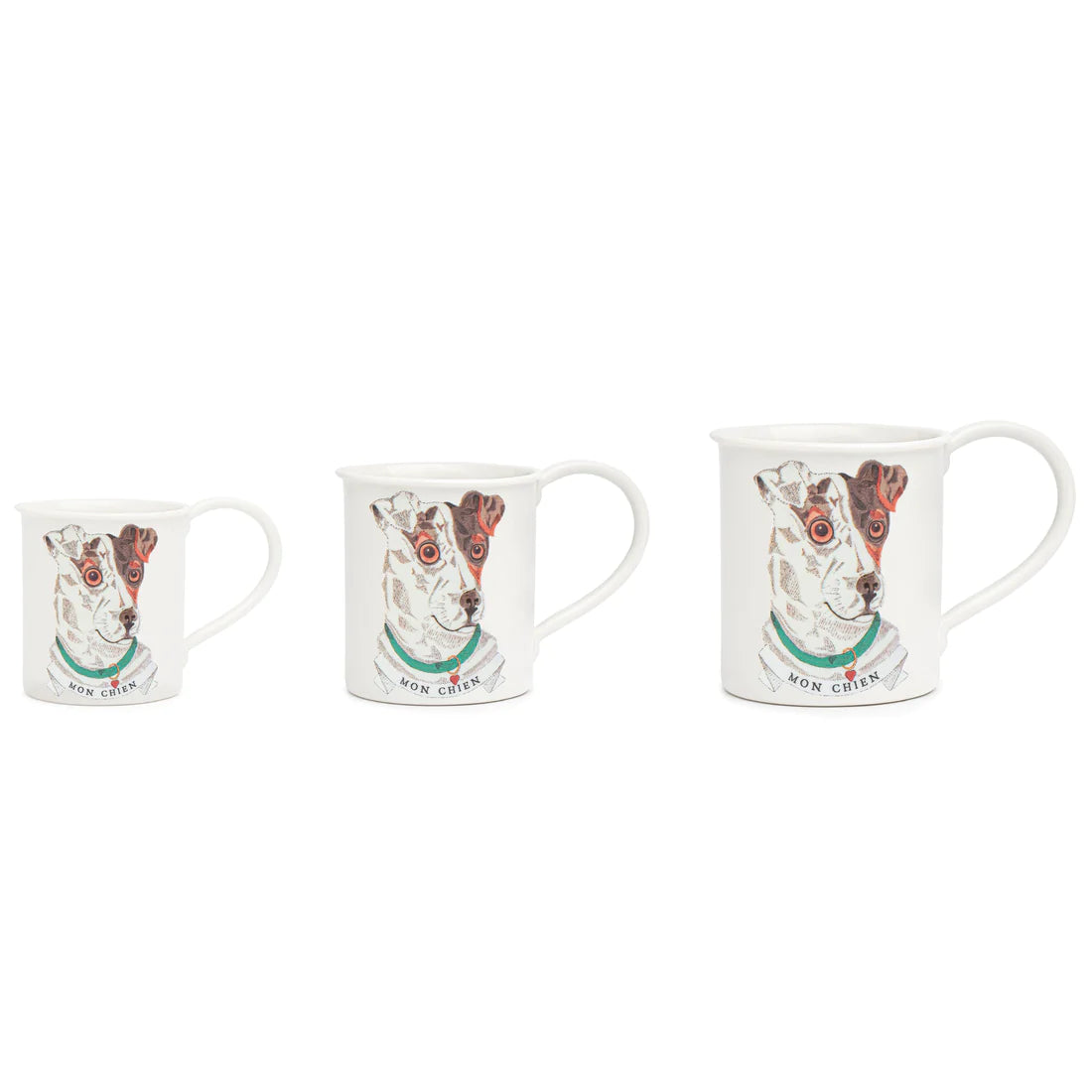 "three sizes view of the My Dog Mug by Marin Montagut, featuring a playful dog illustration with vibrant details."