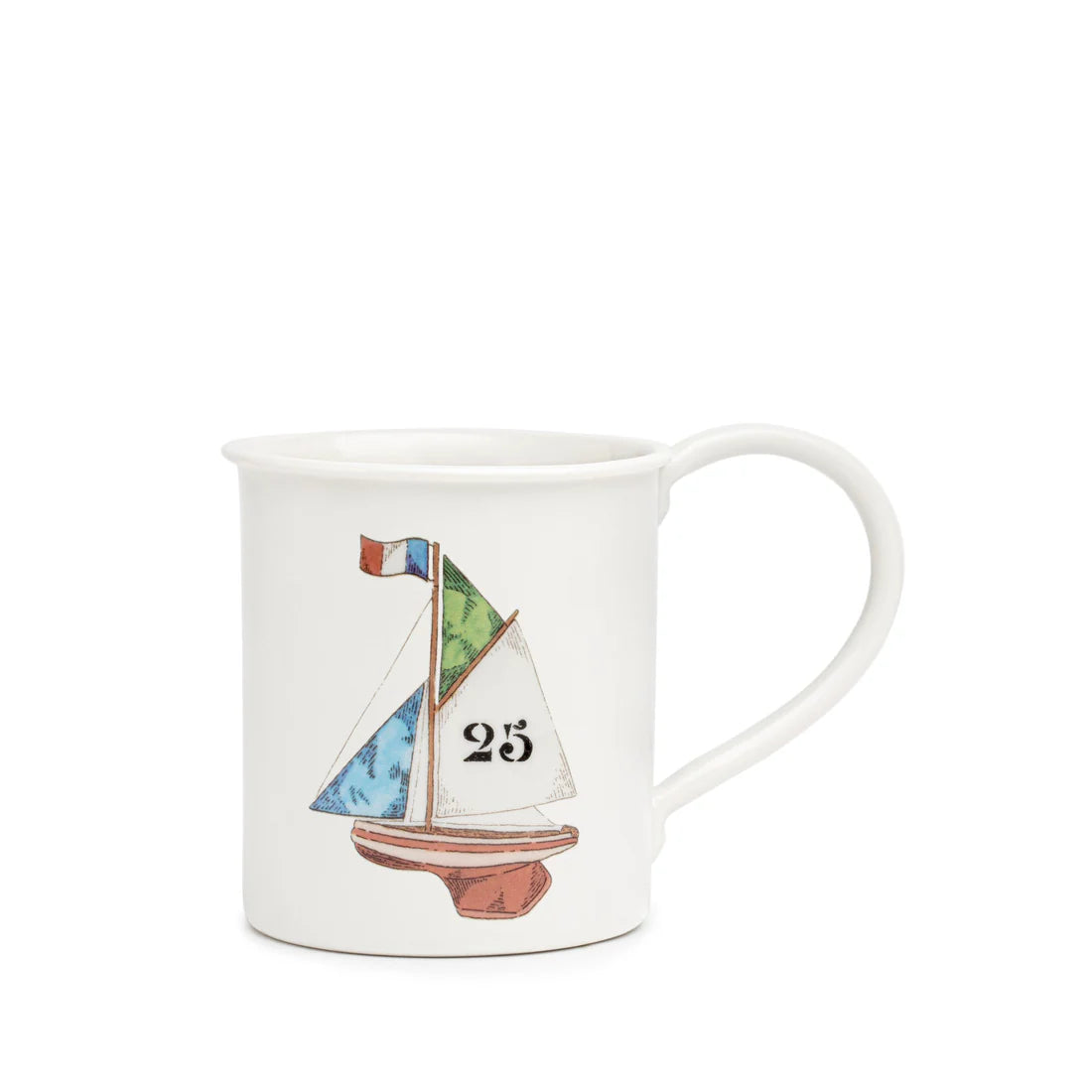 "Front view of the Sail Boat Mug by Marin Montagut, featuring the elegant sailboat illustration in a beautiful blue and white design."