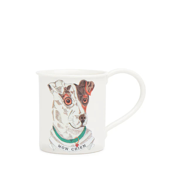 "Front view of the My Dog Mug by Marin Montagut, featuring a playful dog illustration with vibrant details."