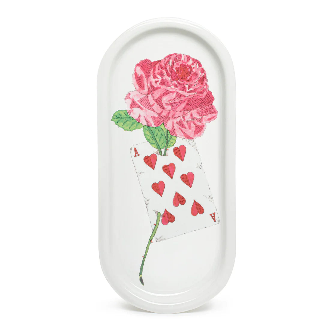 The Ace of Cards Rose Tray features a hand-painted rose illustration on high-quality enameled porcelain. This beautifully crafted tray, made using traditional plaster molds, showcases intricate craftsmanship and design. The tray is dishwasher safe for easy care and maintenance. The image highlights the elegant 14-inch length and 6-inch width of the tray, with the delicate rose illustration applied by hand in the Parisian workshops of Marin Montagut.