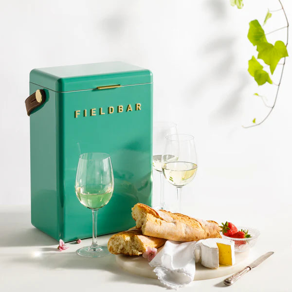 FIELDBAR Drinks Box hardcase cooler with leather handle and brass-coated hardware, showcasing its sleek design and Pantone 10C color, placed on an outdoor surface. Drinks Box / parisian green
