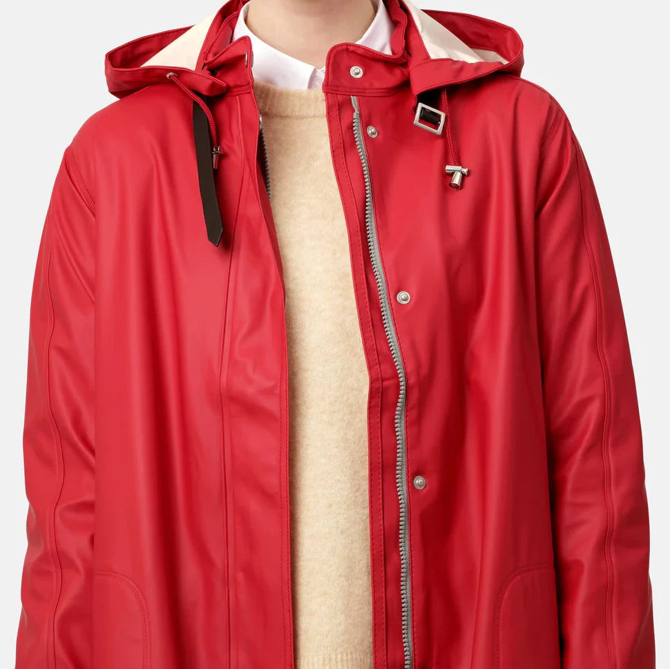 Ilse Jacobsen Light True Rain Raincoat Rain71 in A-line shape with detachable hood, adjustable cuffs, and side seam pockets, waterproof PU fabric, available in size 38/Small/8/10