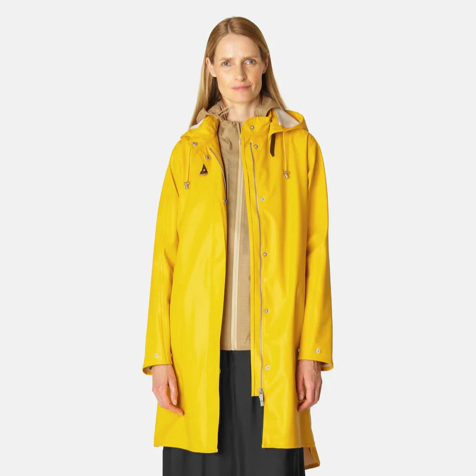 Ilse Jacobsen Light True Rain Raincoat Rain71 in A-line shape with detachable hood, adjustable cuffs, and side seam pockets, waterproof PU fabric, available in size 38/Small/8/10