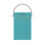 FIELDBAR Drinks Box hardcase cooler with leather handle and brass-coated hardware, showcasing its sleek design and Pantone 2241 color, placed on an outdoor surface. Drinks Box / Bazaruto Blue