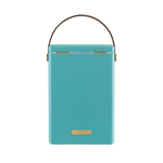 FIELDBAR Drinks Box hardcase cooler with leather handle and brass-coated hardware, showcasing its sleek design and Pantone 2241 color, placed on an outdoor surface.