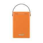 FIELDBAR Drinks Box hardcase cooler with leather handle and brass-coated hardware, showcasing its sleek design and Pantone 2025 color, placed on an outdoor surface. Drinks Box /Orchard Orange