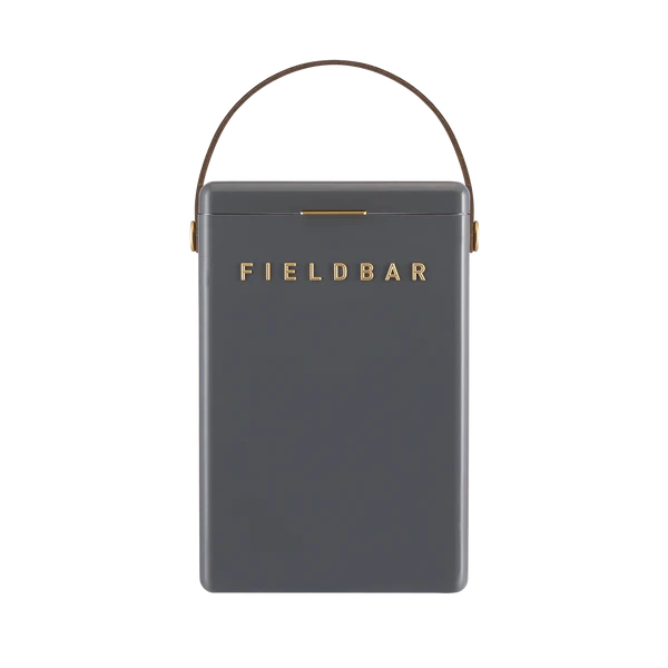 FIELDBAR Drinks Box hardcase cooler with leather handle and brass-coated hardware, showcasing its sleek design and Pantone 10C color, placed on an outdoor surface. Drinks Box / Oyster Grey