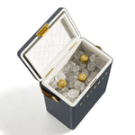 FIELDBAR Drinks Box hardcase cooler with leather handle and brass-coated hardware, showcasing its sleek design and Pantone 10C color, placed on an outdoor surface. Drinks Box / Oyster Grey