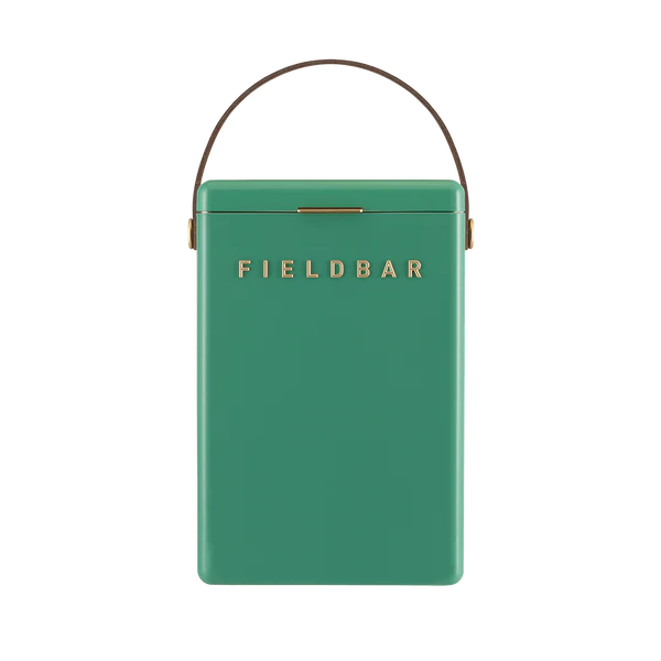 FIELDBAR Drinks Box hardcase cooler with leather handle and brass-coated hardware, showcasing its sleek design and Pantone 10C color, placed on an outdoor surface. Drinks Box / parisian green