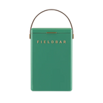 FIELDBAR Drinks Box hardcase cooler with leather handle and brass-coated hardware, showcasing its sleek design and Pantone 10C color, placed on an outdoor surface. Drinks Box / parisian green