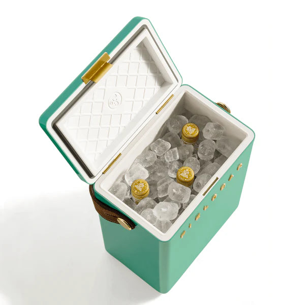 FIELDBAR Drinks Box hardcase cooler with leather handle and brass-coated hardware, showcasing its sleek design and Pantone 10C color, placed on an outdoor surface. Drinks Box / parisian green