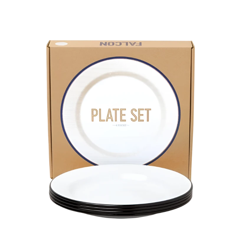 Falcon Enamel Plates with classic design, durable steel, and enamel coating, perfect for serving meals or storing food.