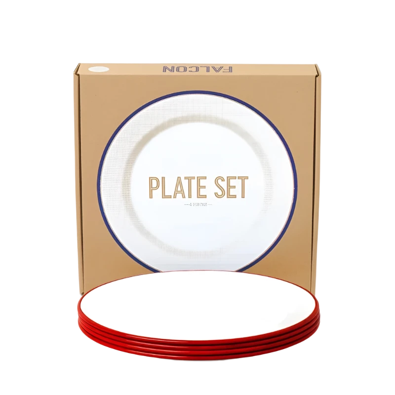 Falcon Enamel Plates with classic design, durable steel, and enamel coating, perfect for serving meals or storing food.