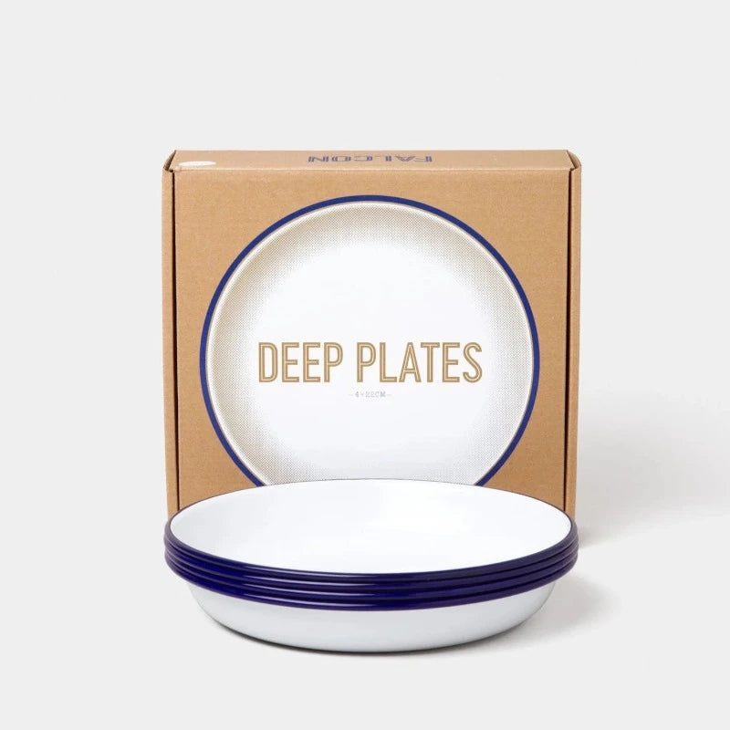 Falcon Enamel Deep Plates with classic design, durable steel, and enamel coating, perfect for serving meals or storage.