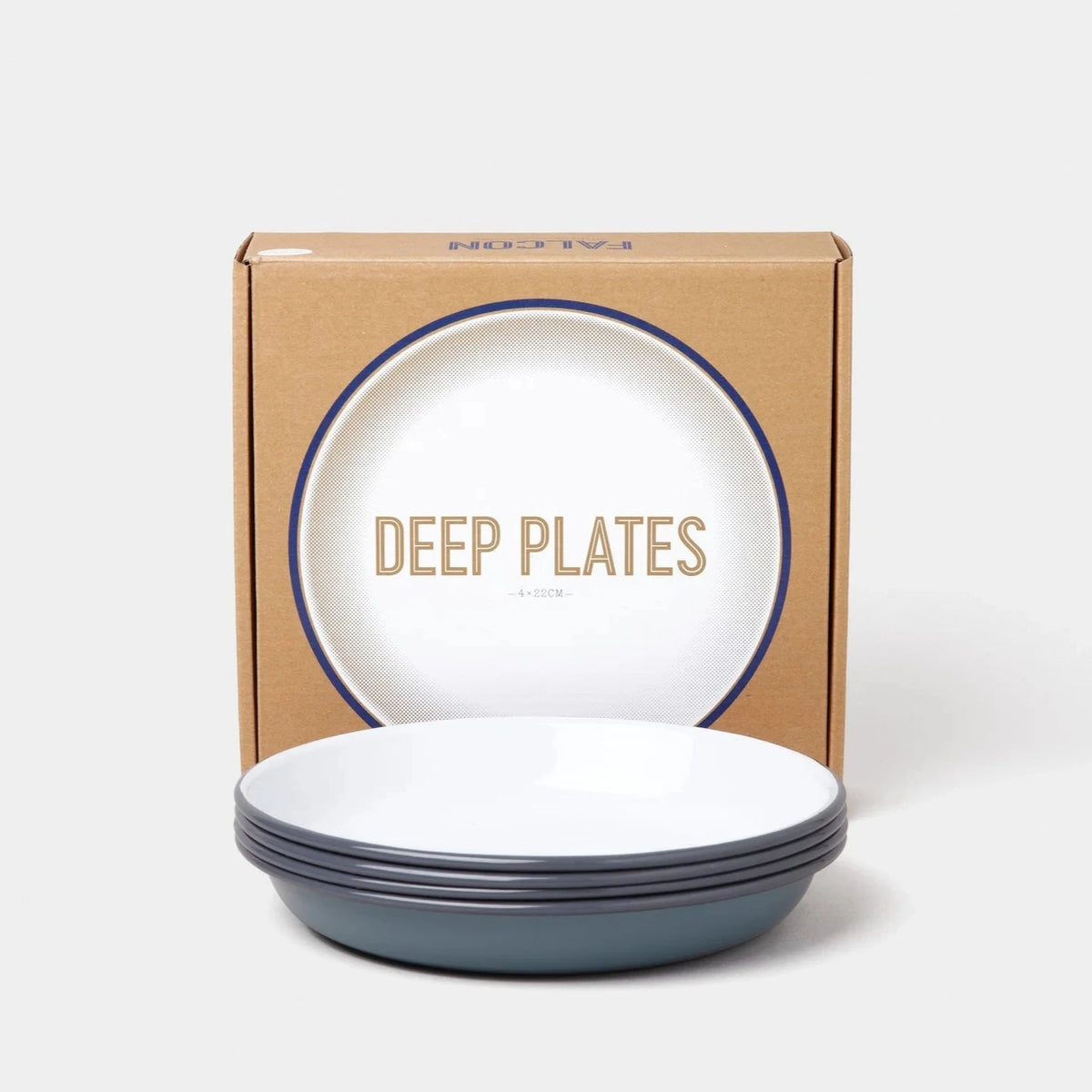 Falcon Enamel Deep Plates with classic design, durable steel, and enamel coating, perfect for serving meals or storage.
