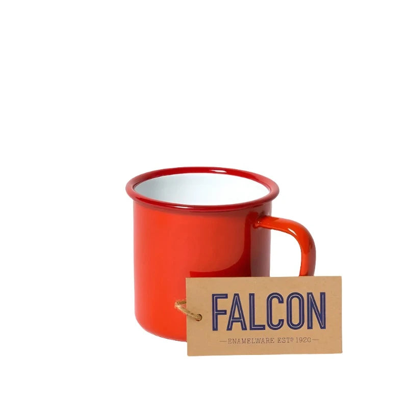Falcon Enamel Mug with durable steel and enamel construction, perfect for tea, coffee, or hot chocolate.
