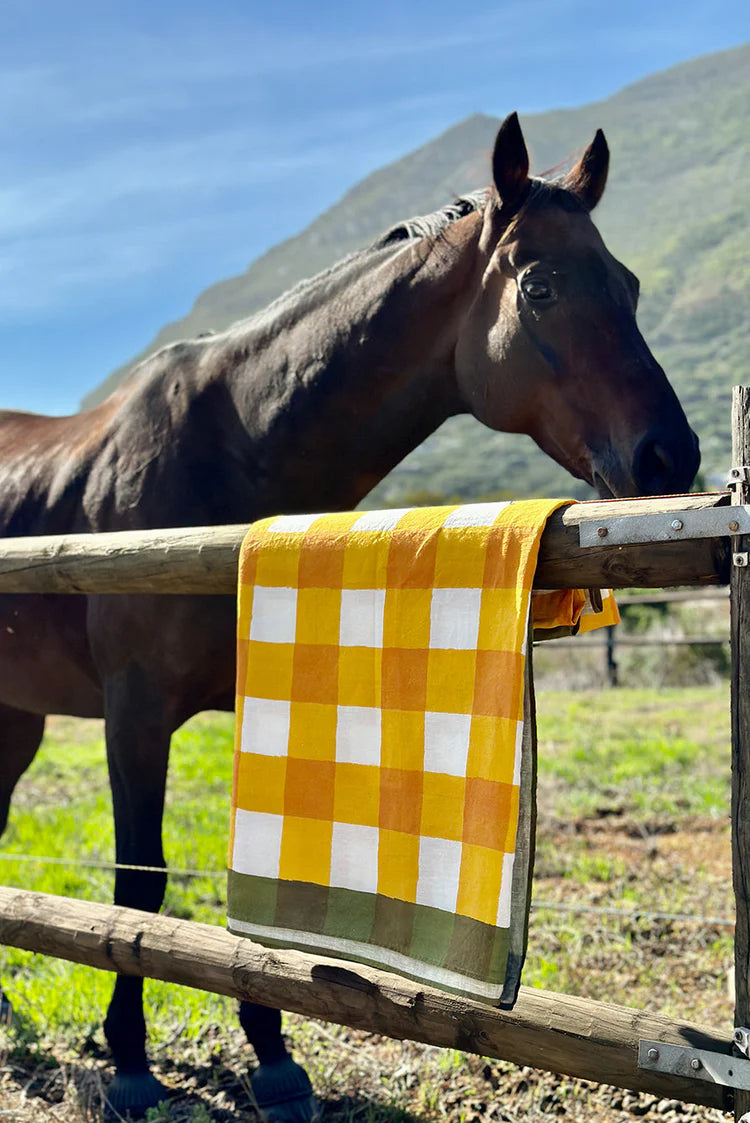 Tablecloth 'Gingham' Linen Mustard Yellow with Avocado Green Trim