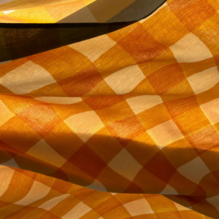 Tablecloth 'Gingham' Linen Mustard Yellow with Avocado Green Trim