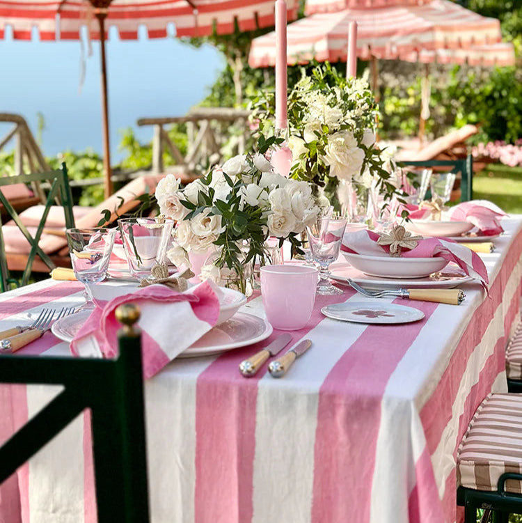 Stripe Linen Tablecloth in White & Pink