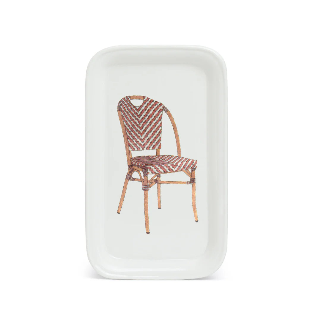 The Small Bistro Chair Tray by Marin Montagut combines functionality with artistic design. Front View of Bristo Chair illustration on the front. Whicker with red and white stripe. 