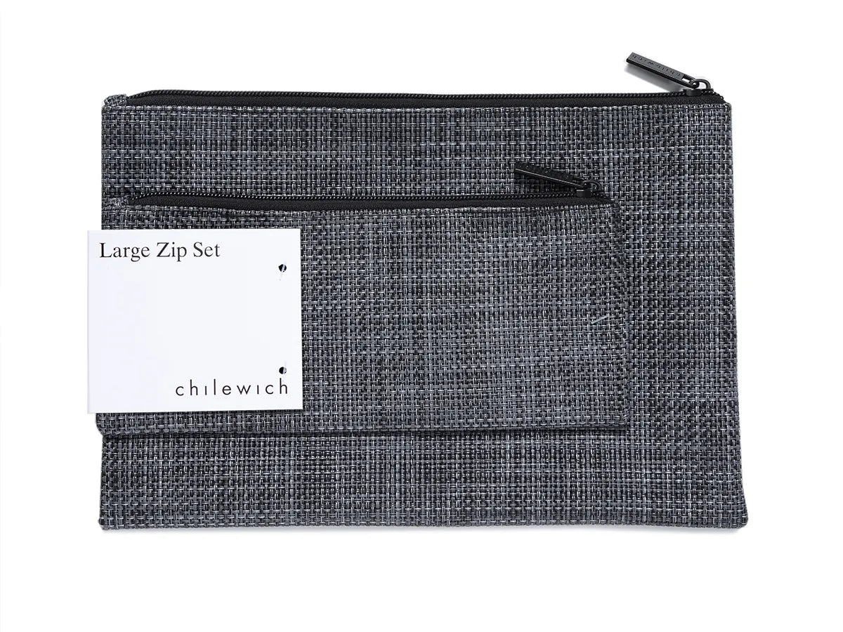 Chilewich special edition zippered pouches in Basketweave and Mini Basketweave patterns, durable, sleek, perfect for cosmetics, cords, chargers, and digital devices.