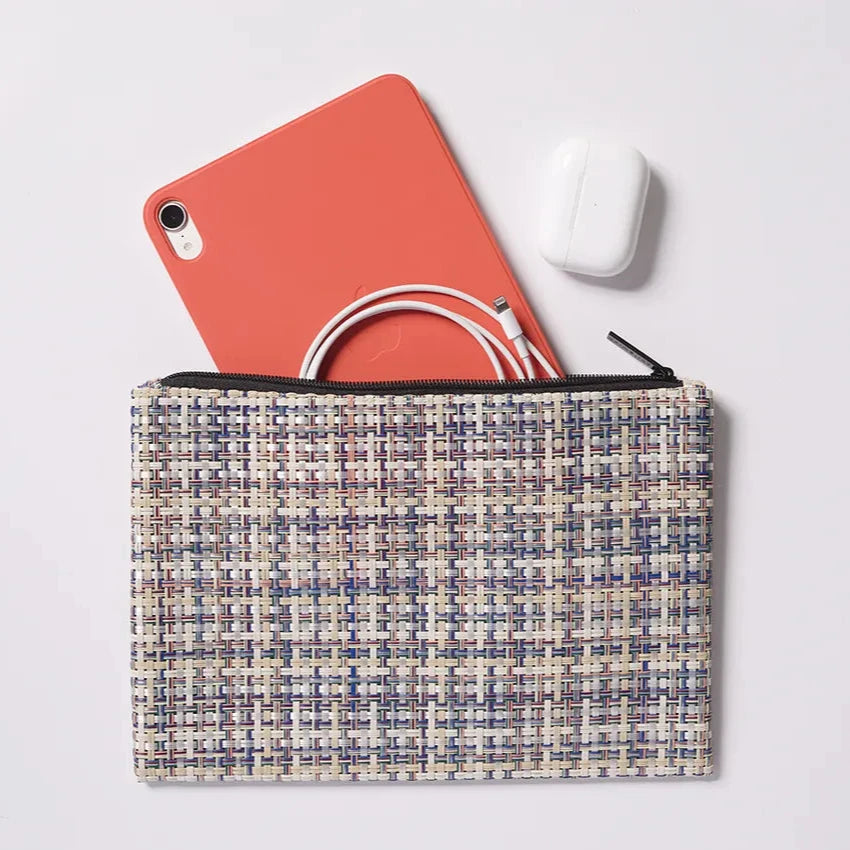 "Chilewich special edition zippered pouches in Basketweave and Mini Basketweave patterns, durable, sleek, perfect for cosmetics, cords, chargers, and digital devices.