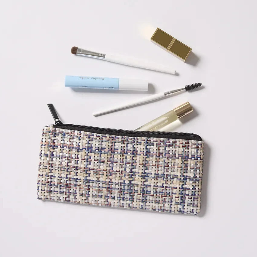 "Chilewich special edition zippered pouches in Basketweave and Mini Basketweave patterns, durable, sleek, perfect for cosmetics, cords, chargers, and digital devices.