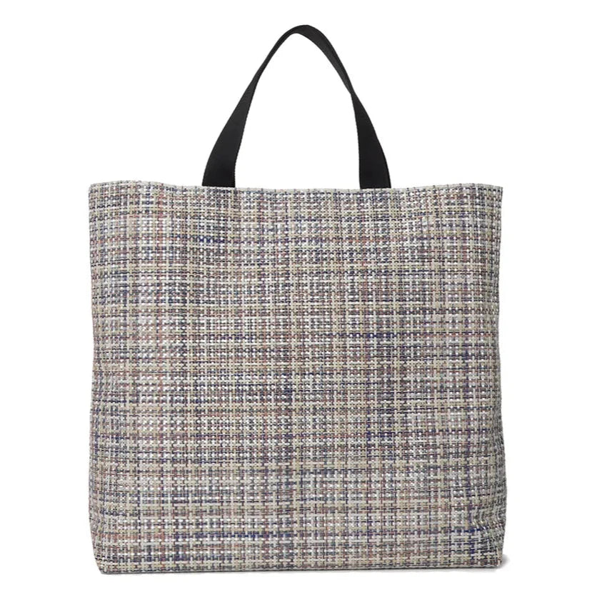 Chilewich special edition woven tote bags in Basketweave and Mini Basketweave patterns, durable, eco-friendly, foldable, with twinned webbed straps and interior zippered pocket. In Light Grey