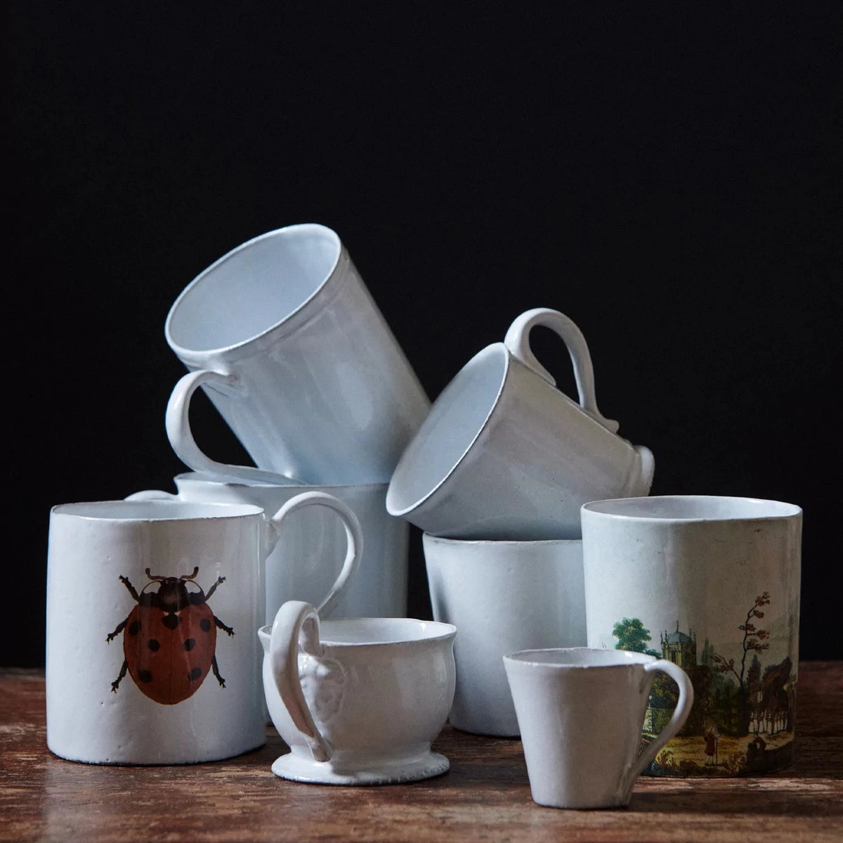 Lady bug Mug, Black clay ceramic with white enamel,Red Lady bug design, Astier de Villatte, Made in France