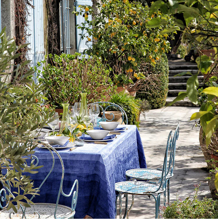 Shades Of Blue Striped Linen Tablecloth