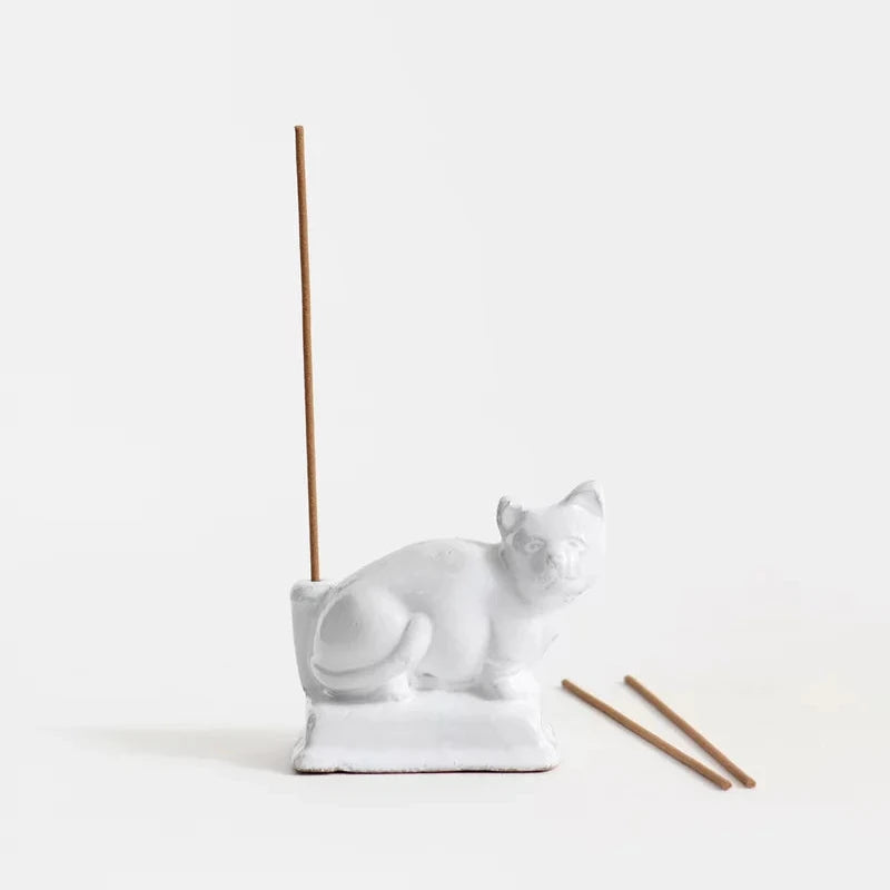 Astier de Villatte Minou Cat Incense Holder – Handmade black terracotta clay with milky white glaze, made in Paris