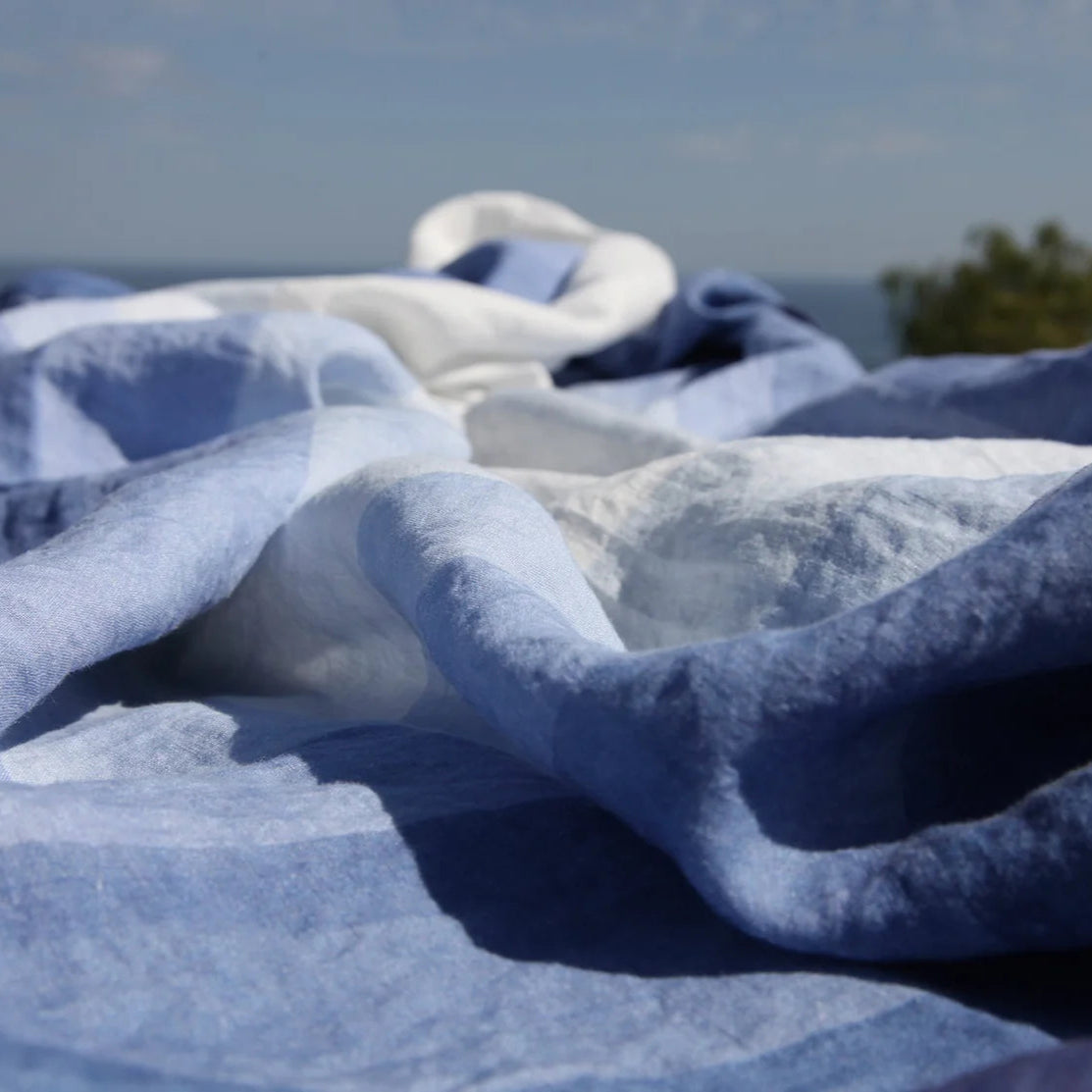 Shades Of Blue Striped Linen Tablecloth