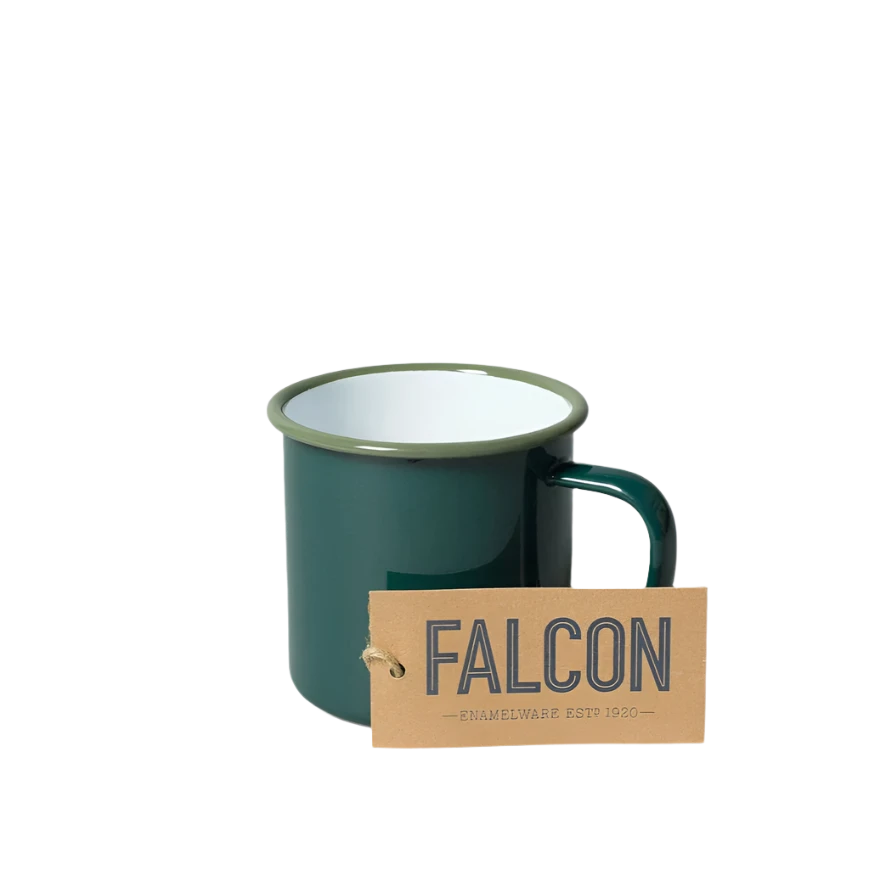 Falcon Enamel Mug with durable steel and enamel construction, perfect for tea, coffee, or hot chocolate.