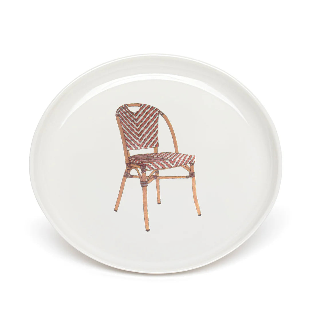 "Handcrafted enameled porcelain Dessert Plate Bistro Chair with watercolor illustrations by Marin Montagut, perfect for treats, cheese, or decoration."