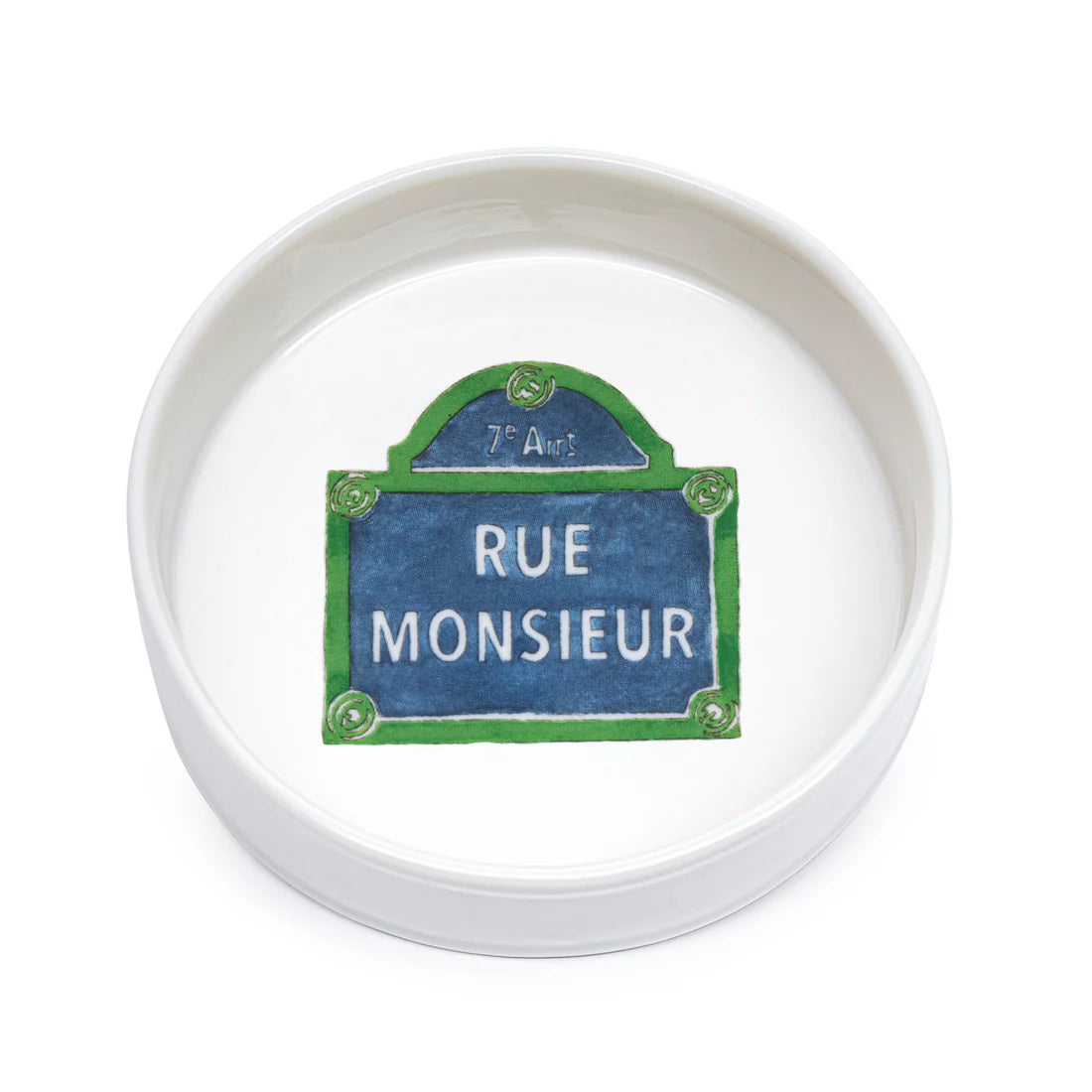 "Front view of the Rue De Paradis Ramekin featuring unique hand-applied illustrations and enameled porcelain craftsmanship."