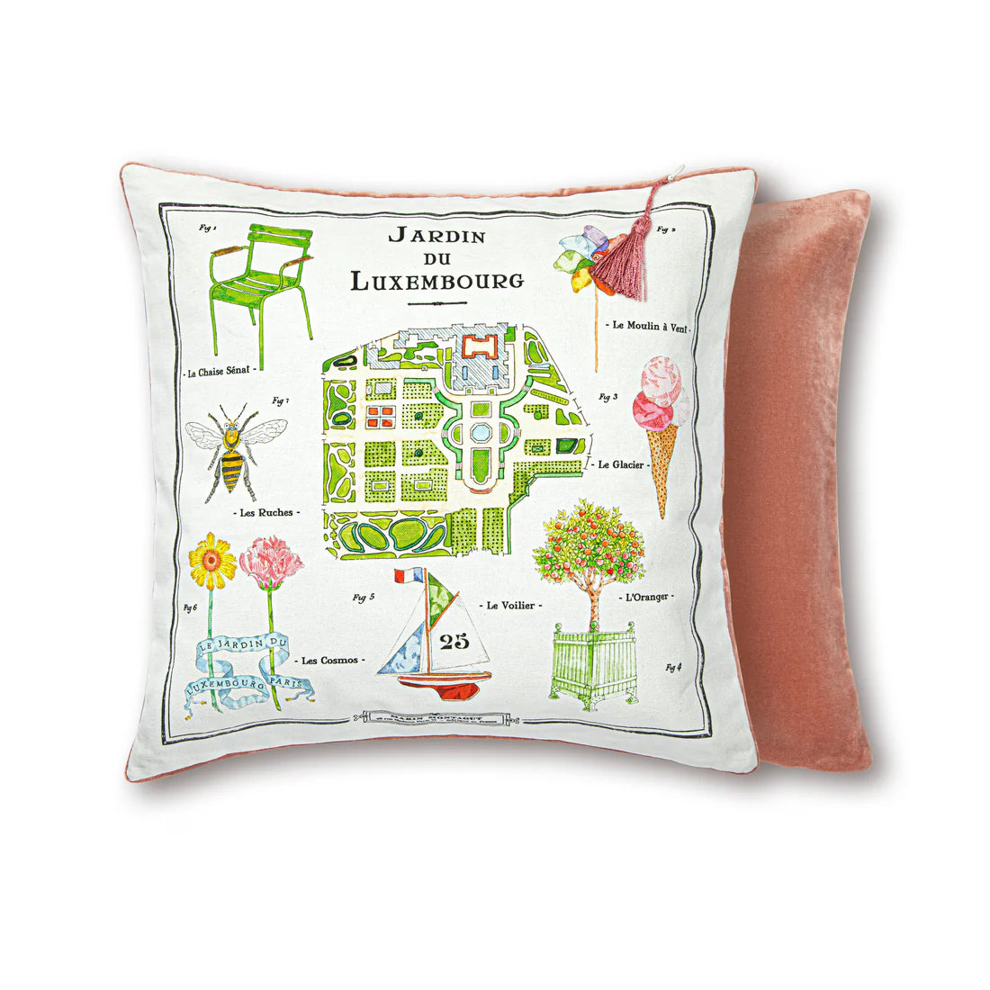 The French Cushion: Luxembourg Garden&nbsp;by Marin Montagut brings a whimsical touch to your home with its charming design. Featuring an illustration by Marin Montagut, this cushion adds a playful element to any space. Pink velvet back and tassle