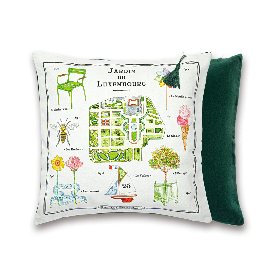 The French Cushion: Luxembourg Garden&nbsp;by Marin Montagut brings a whimsical touch to your home with its charming design. Featuring an illustration by Marin Montagut, this cushion adds a playful element to any space.