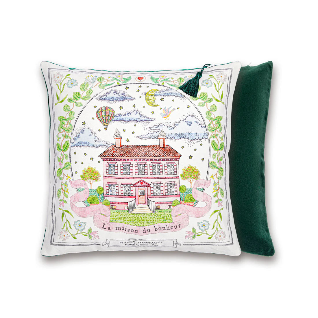 House of Happiness French cusion. Illustration on the front with green velvet back and tassel