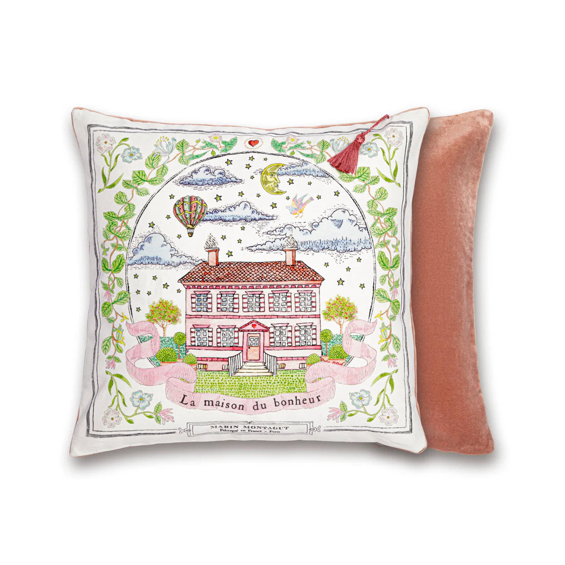 House of Happiness French cusion. Illustration on the front with pink velvet back and tassel