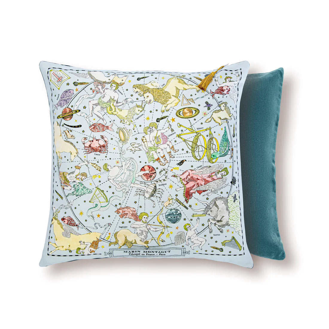 The French Cushion: Constellation&nbsp;by Marin Montagut brings a whimsical touch to your home with its charming design. Measure 15 x 15 inches. With a rich blue velvet back