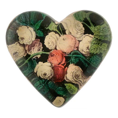 "John Derian Rose Garland Heart Paperweight, handmade to order in NYC, collaged paper under handblown glass, 3.5” diameter."