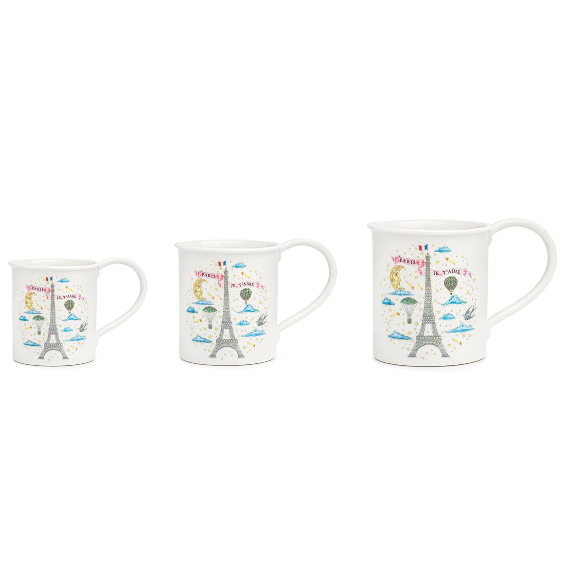 "Front view of the Paris, I Love You Mug by Marin Montagut, featuring the iconic 'Paris, I Love You' illustration in elegant typography. Shown in Multiple Different Sizes"