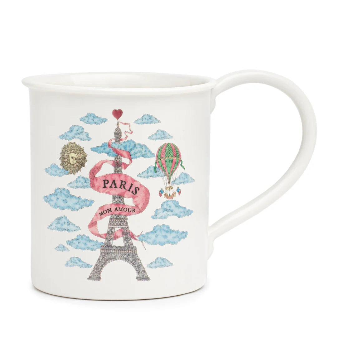 "Front view of the Paris, My Love Mug by Marin Montagut, featuring a romantic Parisian design with vibrant details."